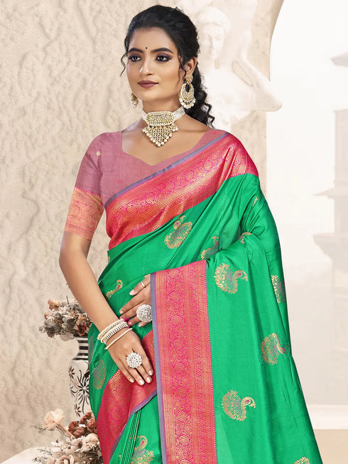 Deeva Sarees Teal Green Silk Saree With Golden Peacock Design
